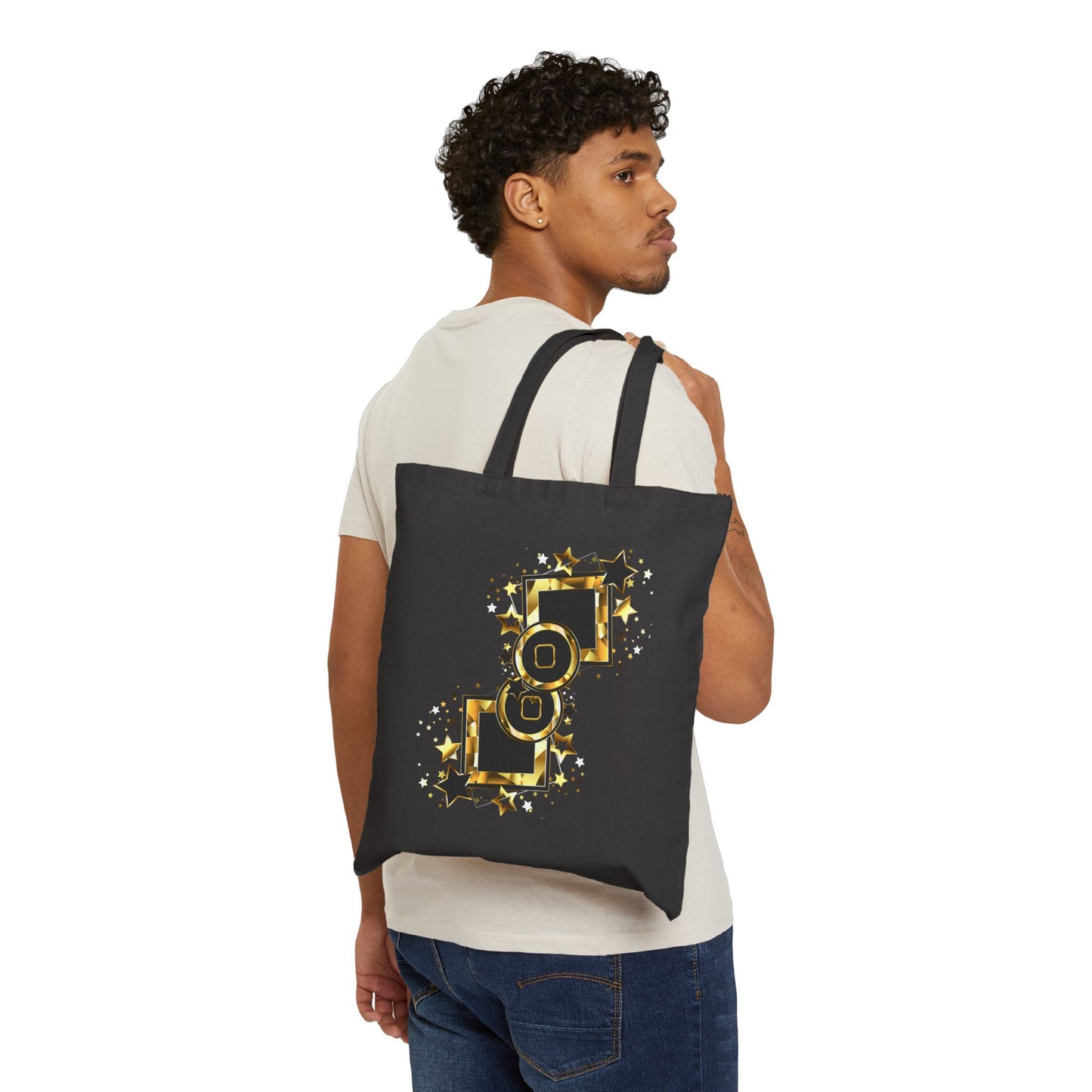 Gold Starry Cotton Canvas Tote Bag, Stylish Shopping Bag, Eco-Friendly Tote, Perfect Gift for Birthdays and Holidays