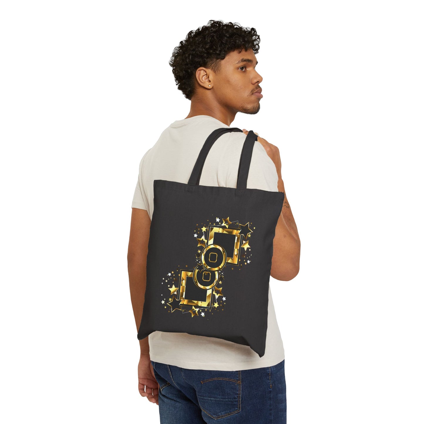 Gold Starry Cotton Canvas Tote Bag, Stylish Shopping Bag, Eco-Friendly Tote, Perfect Gift for Birthdays and Holidays